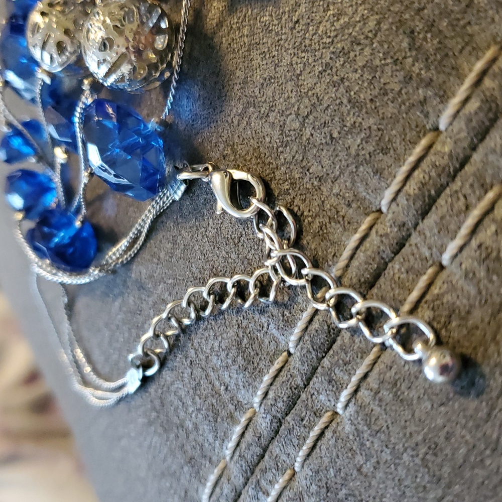 Vintage Blue Crystal Multi Strand Statement Necklace Silver Filigree Beads Boho - Picture 5 of 6